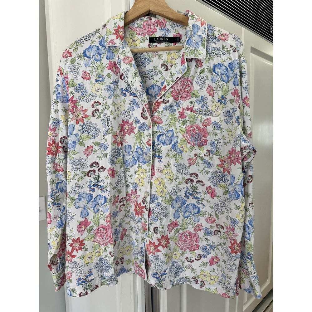 Lauren Ralph Lauren Floral PJ Shirt Womens Size L White Lightweight Sleepwear